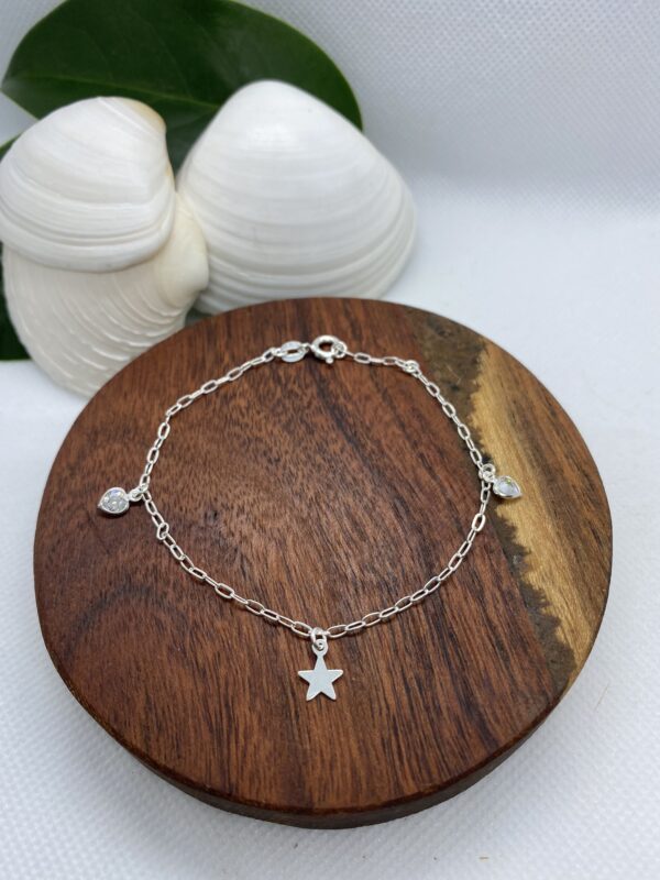 Star and Zirconia Hearts Sterling Silver Bracelet - 18cm