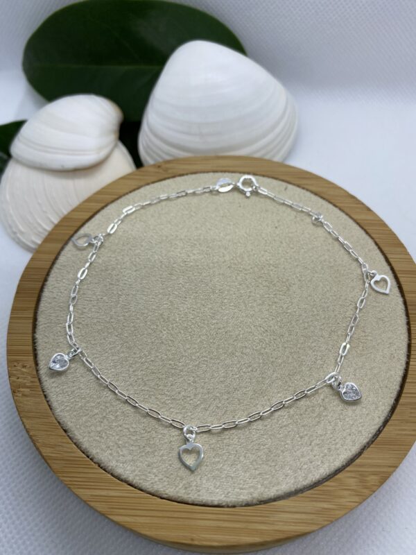 Heart Plain and Zirconia Sterling Silver Anklet - 23.5cm
