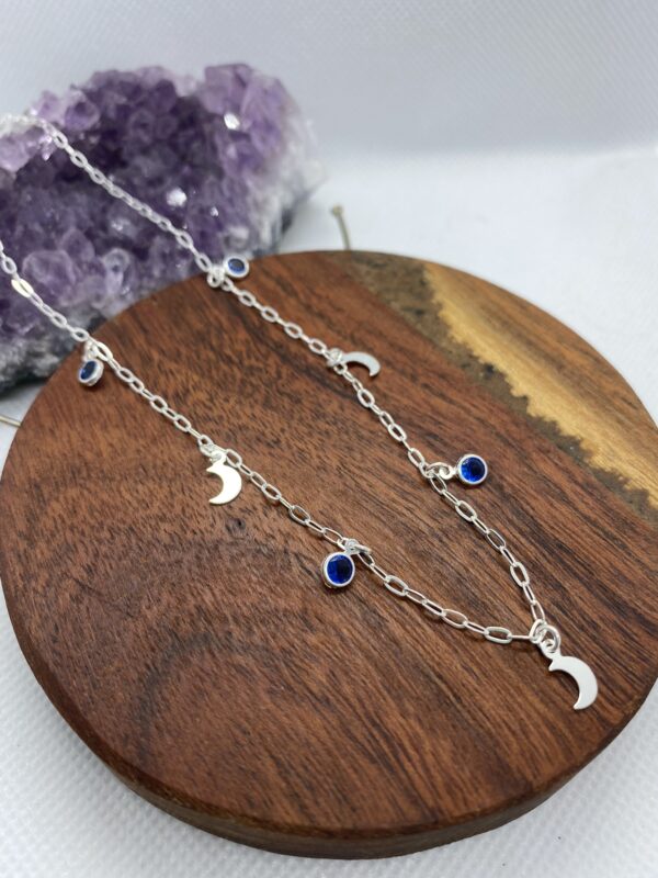 Moon and Blue Zirconia Drops Sterling Silver Choker 38cm +5cm extension