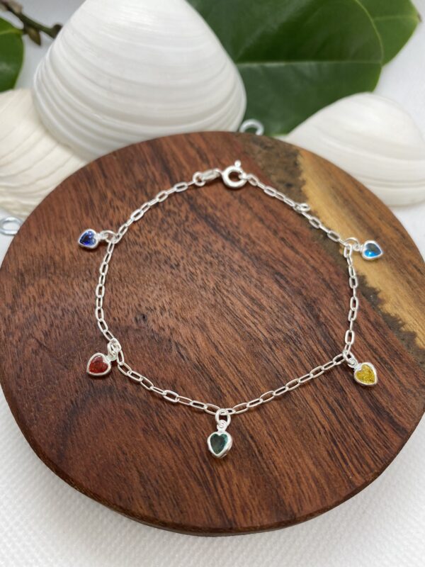 Multi-Colour Heart Sterling Silver Bracelet – 18cm