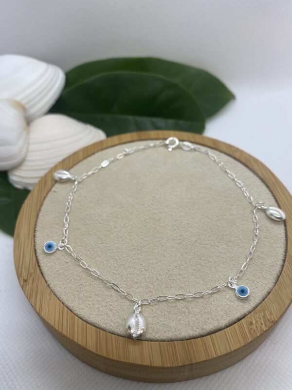 Greek Eye and Shell Sterling Silver Anklet – 22cm + 2cm extension